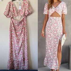 NWT Sugar Lips Floral Maxi Dress Women Sz L Front Slit‎ Wedding Cottagecore Chic